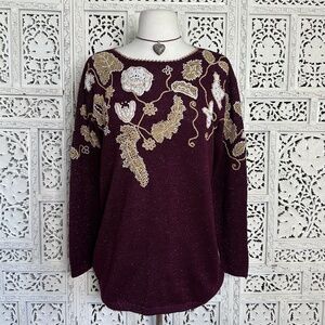 Vtg‎ Jaclyn Smith Shimmer Sparkly Fairy Core Burgundy & Gold Grannycore Sweater